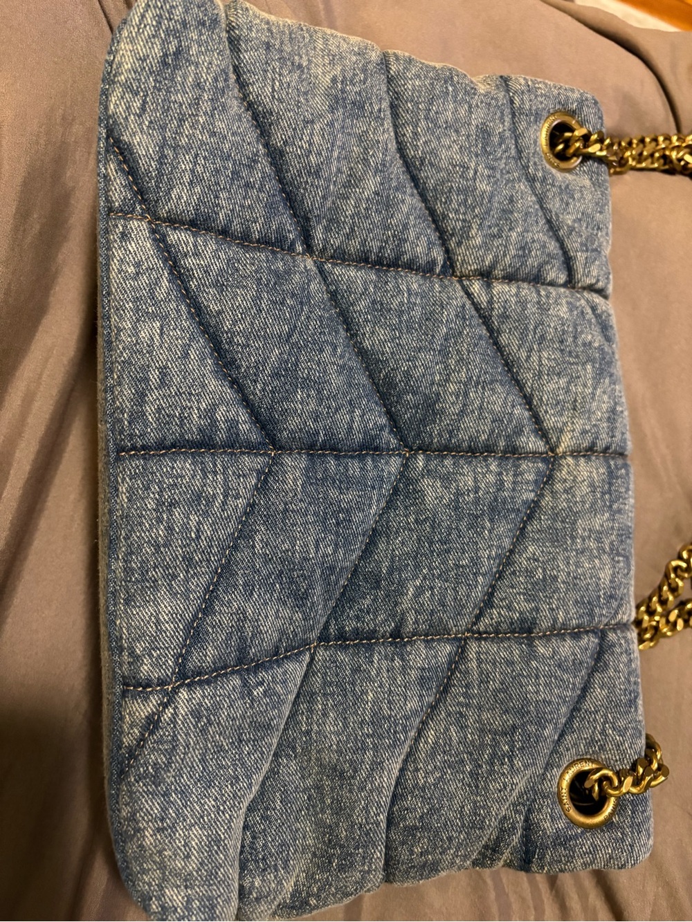 Quilted Denim Shoulder Bag - Light Blue with Gold Hardware - Picture 2 of 6
